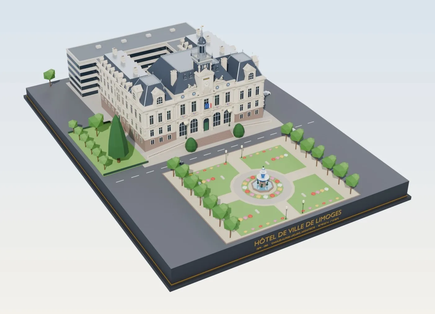 Maquette 3D de l’Hôtel de Ville de Limoges sur son socle, vue de trois quarts avec le square et la fontaine.